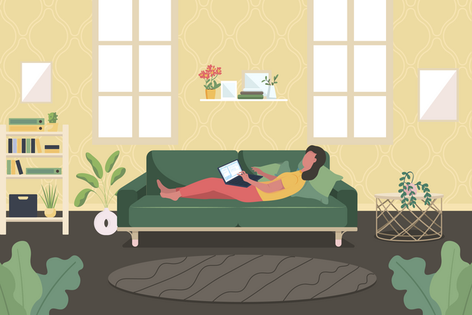 Woman with laptop on couch Illustration