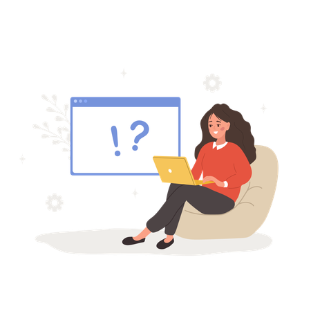 Woman with laptop search for answers  Illustration