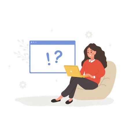 Woman with laptop search for answers  Illustration