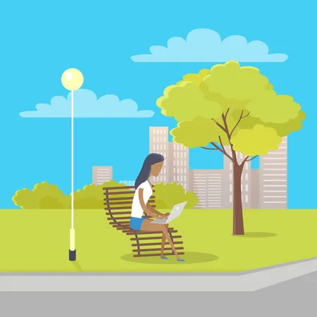 Woman In White T Shirt And Jeans Skirt With Laptop On Her Knees Sits On Bench Near Tree And Streetlight In City Park There Is Also Bushes Clouds And Skyscrapers On Background Vector Illustration Illustration