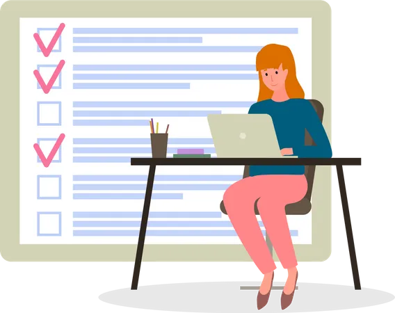 Woman With Laptop Sitting At Workplace On Background Of Big Checklist To Do Plan Successful Time Management Schedule Planning Concept Lady Works With Checklist Task Planner Program On Computer Illustration