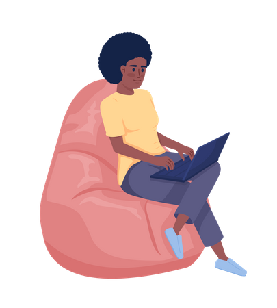 Woman with laptop sitting on bean bag Illustration