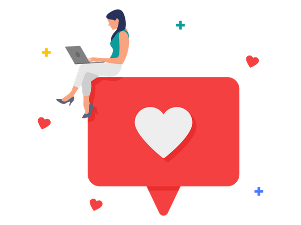 Woman with laptop use social media app  Illustration
