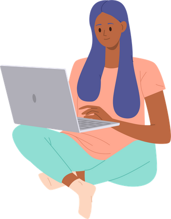 Woman with laptop working remotely at home  Illustration