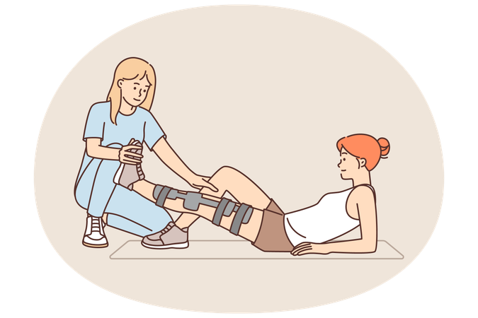 Woman with leg injury uses services of doctor who helps in rehabilitation to treat fracture  Illustration