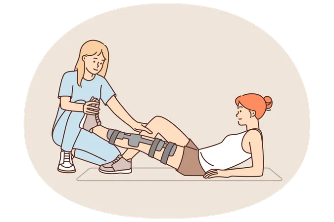 Woman with leg injury uses services of doctor who helps in rehabilitation to treat fracture  Illustration