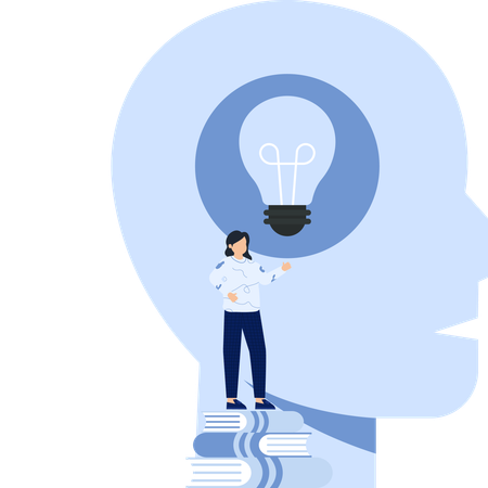 Woman with Lightbulb in Head Standing on Books Innovation  Illustration