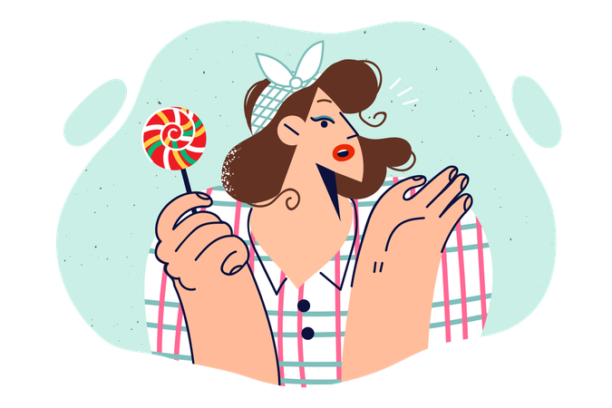 Woman with lollipop dressed in vintage style spreads arms in surprise and looks to side  Illustration