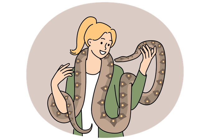 Woman with long snake around neck smiles enjoying communication with beloved pet boa constrictor  Illustration