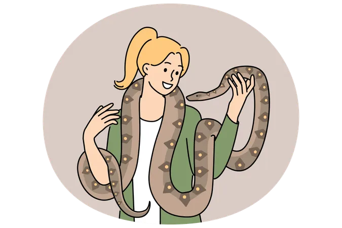 Woman with long snake around neck smiles enjoying communication with beloved pet boa constrictor  Illustration