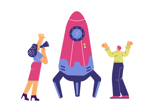 Woman with loudspeaker and man wave their hands launching rocket  Illustration