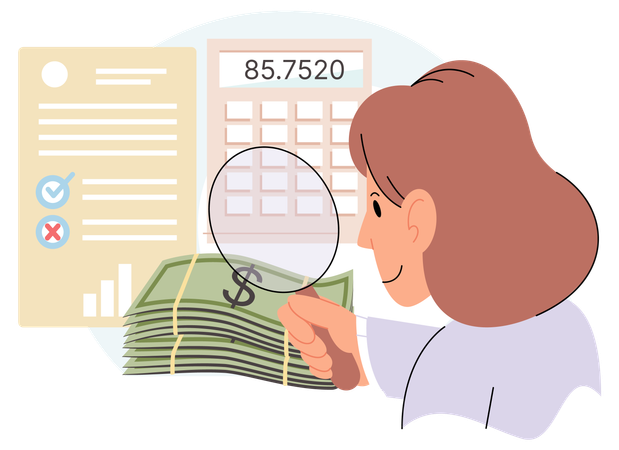 Woman with loupe and money financial consultant analyze income of business or personal budget  Illustration
