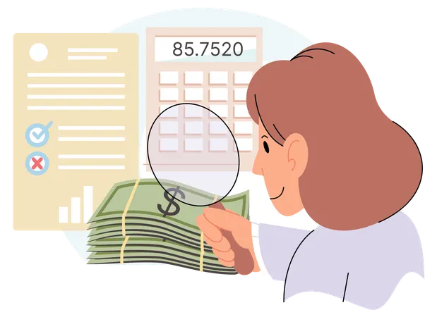 Woman with loupe and money financial consultant analyze income of business or personal budget  Illustration