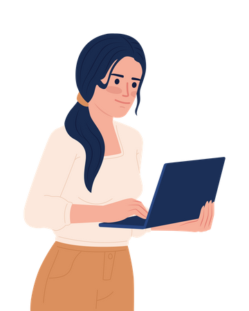 Woman with low ponytail holding laptop  Illustration