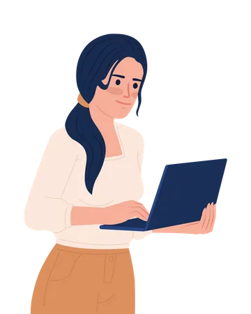 Woman With Low Ponytail Holding Laptop Semi Flat Color Vector Character Editable Figure Half Body Person On White Simple Cartoon Style Spot Illustration For Web Graphic Design And Animation Illustration
