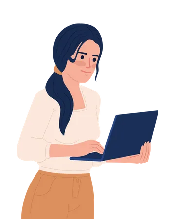 Woman with low ponytail holding laptop  Illustration