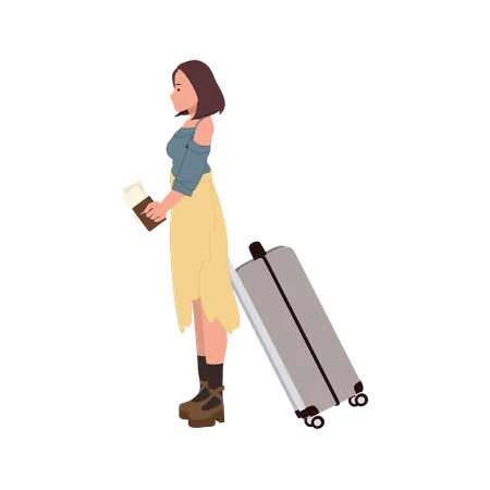 Woman with Luggage and Passport, and Boarding Past  Illustration