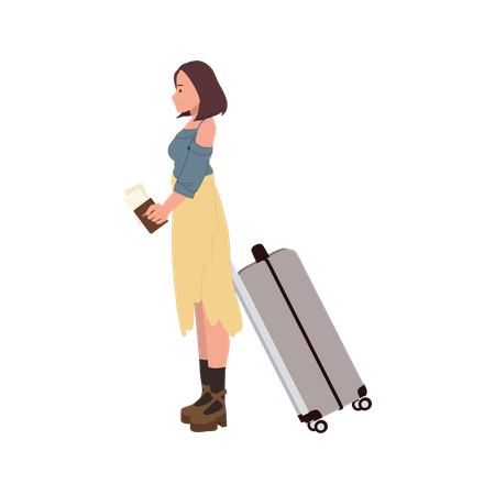 Woman with Luggage and Passport, and Boarding Past  일러스트레이션