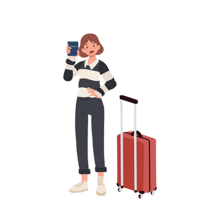 Woman with luggage on airport showing her passport  Illustration