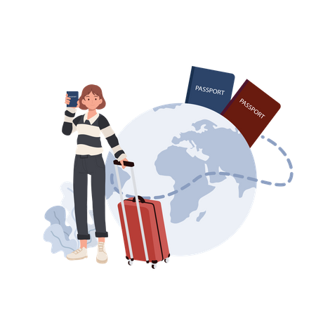 Woman with luggage showing her passport  Illustration