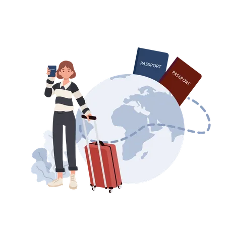 Woman with luggage showing her passport  Illustration
