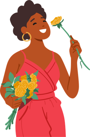 Woman with Lush Bouquet Of Flowers  イラスト