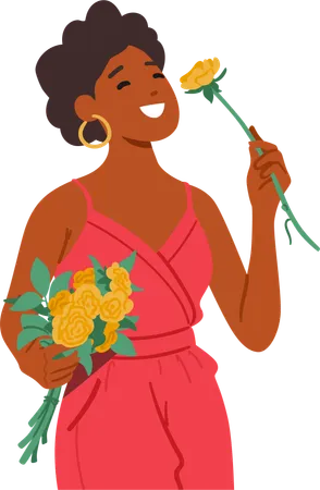 Radiant Woman Character With Joyful Smile Tenderly Embraces Lush Bouquet Of Vibrant Flowers And Sniffing Them Their Yellow Colors A Testament To Natural Splendor Cartoon People Vector Illustration イラスト