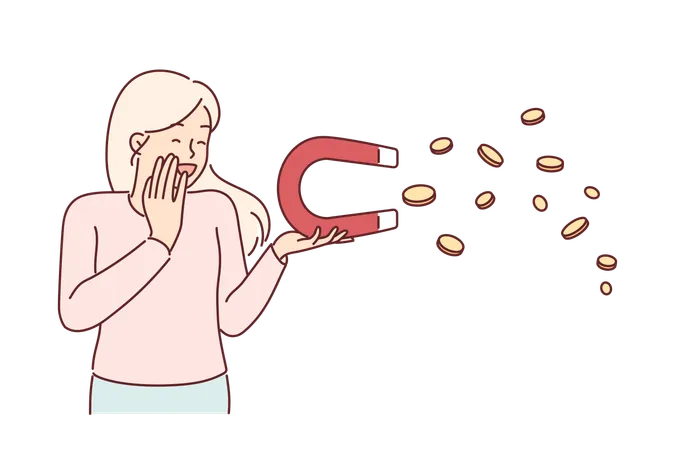 Woman With Magnet That Attracts Money Is Surprised And Rejoices At Easy Profits And Simple Earnings Girl Laughing After Learning How To Make Money Or Launching Startup With Big Profit Illustration