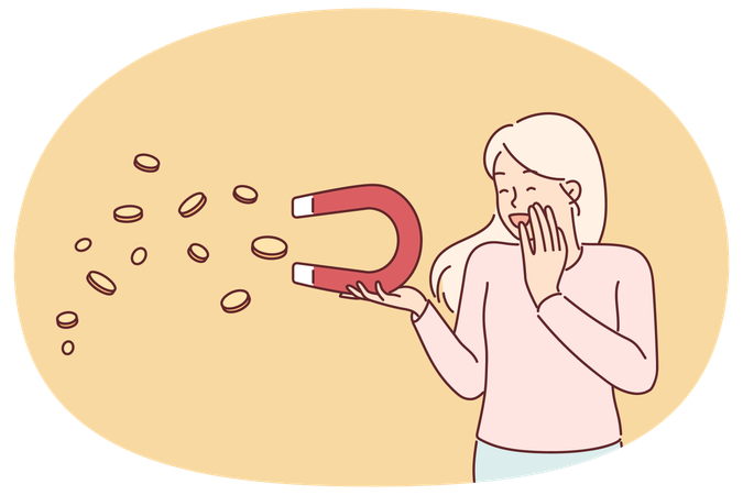Woman with magnet that attracts money surprised and rejoices at easy profits and simple earnings  Illustration