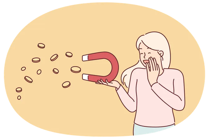 Woman with magnet that attracts money surprised and rejoices at easy profits and simple earnings  Illustration