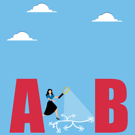 Woman with magnifier follows arrows from A to B  Illustration