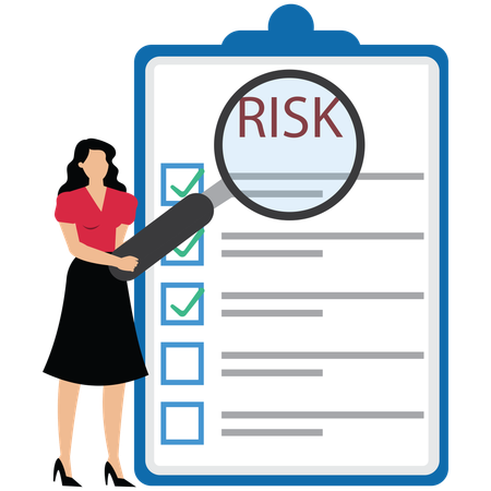 Woman with magnifier monitor and investigate incident with exclamation mark  Illustration