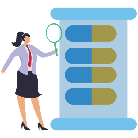 Woman with Magnifying Glass doing Pill research  Illustration