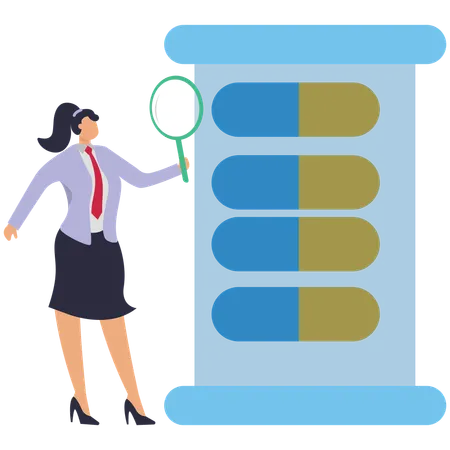 Woman with Magnifying Glass doing Pill research  Illustration