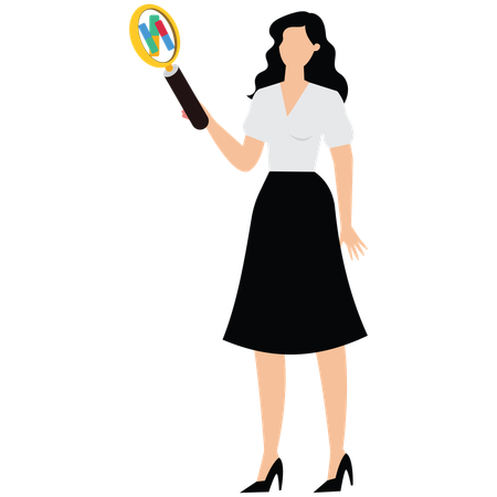 Woman with Magnifying Glass doing pill research  Illustration