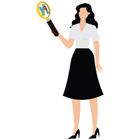 Woman with Magnifying Glass doing pill research  Illustration