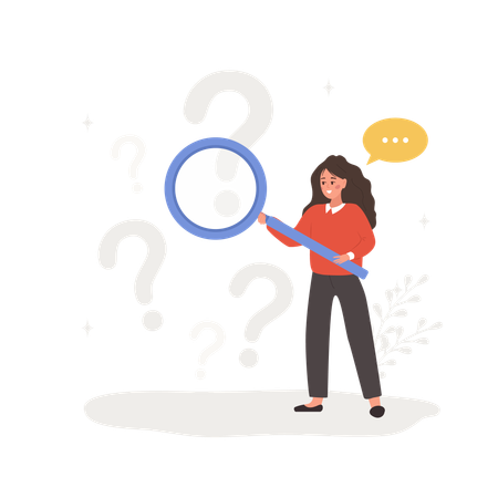 Woman with magnifying glass search for answers  Illustration