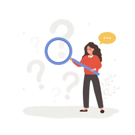 FAQ Concept Woman With Magnifying Glass Search For Answers Customer Support And Online Help Service Frequently Asked Questions Vector Illustration In Flat Cartoon Style イラスト