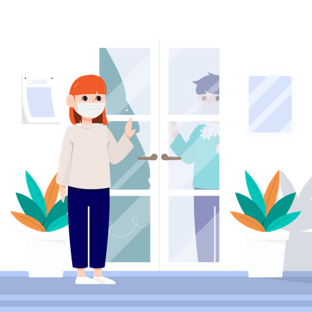 Woman with mask talking to man between the door Illustration