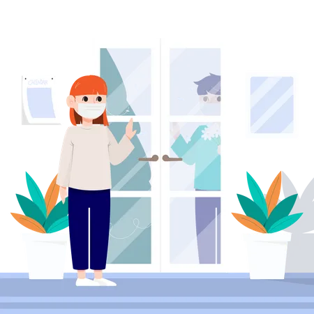 Woman with mask talking to man between the door  Illustration