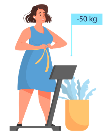 Woman with measuring tape on the waist standing on weight scales  Illustration