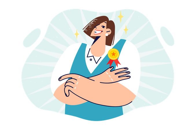Woman with medal for best employee of month  Illustration