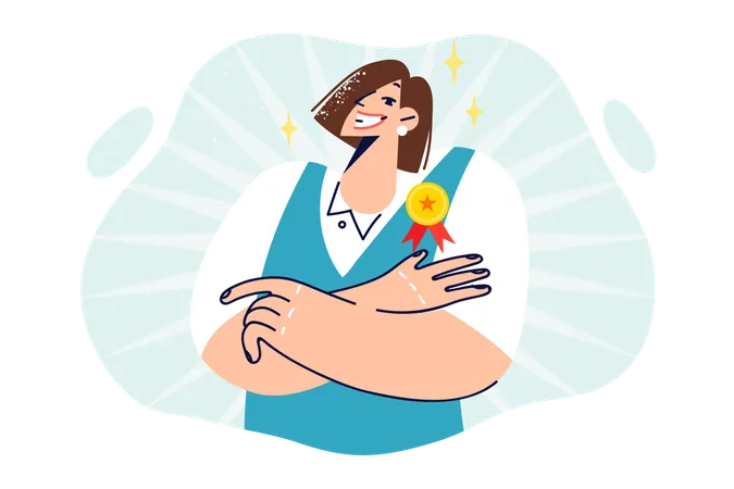 Woman With Medal For Best Employee Of Month Stands With Arms Crossed And Looks At Camera With Smile Successful Girl Received Best Manager Award For Outstanding Career Results And Sales Growth Illustration