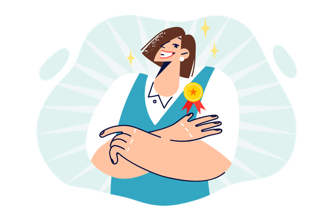 Woman with medal for best employee of month  일러스트레이션