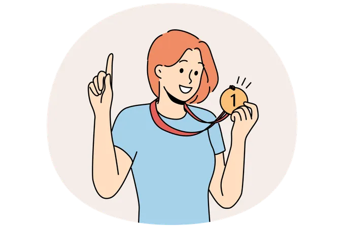 Woman with medal for first place won sports competition and proud of trophy pointing finger up  Illustration