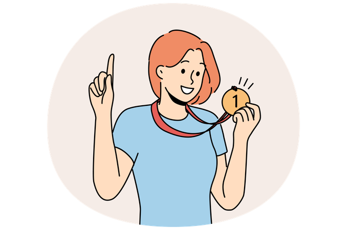 Woman with medal for first place won sports competition and proud of trophy pointing finger up  Illustration