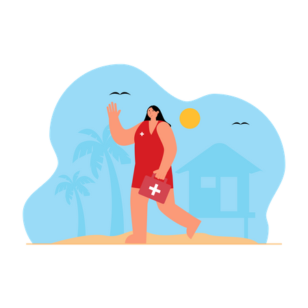 Woman with medikit at beach Illustration