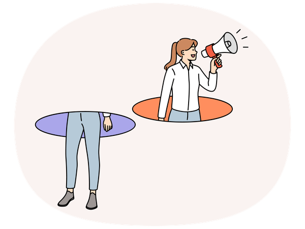 Woman with megaphone calls for visiting approaching sale by leaning out of hole  Illustration
