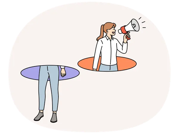 Woman with megaphone calls for visiting approaching sale by leaning out of hole  Illustration