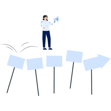 Woman with Megaphone Directing Signs  Illustration